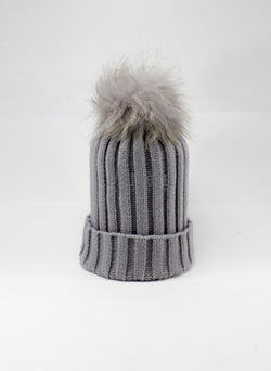 royalhouseegypt Rib Wool Hat in Dusty Grey w/ Raccoon Fur Pom