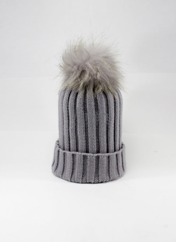 trilogymining Rib Wool Hat in Dusty Grey w/ Raccoon Fur Pom