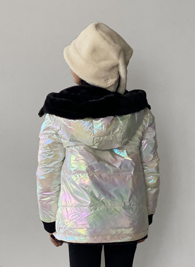 Vierra Rose Jusuf Reversible Jacket in Black Faux Fur/Pearl Iridescent