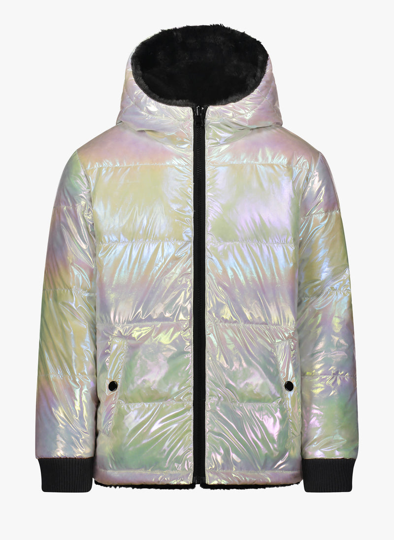 Vierra Rose Jusuf Reversible Jacket in Black Faux Fur/Pearl Iridescent