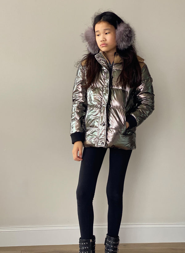 Vierra Rose Sia Iridescent combo Puffer in Dark Metallic Grey