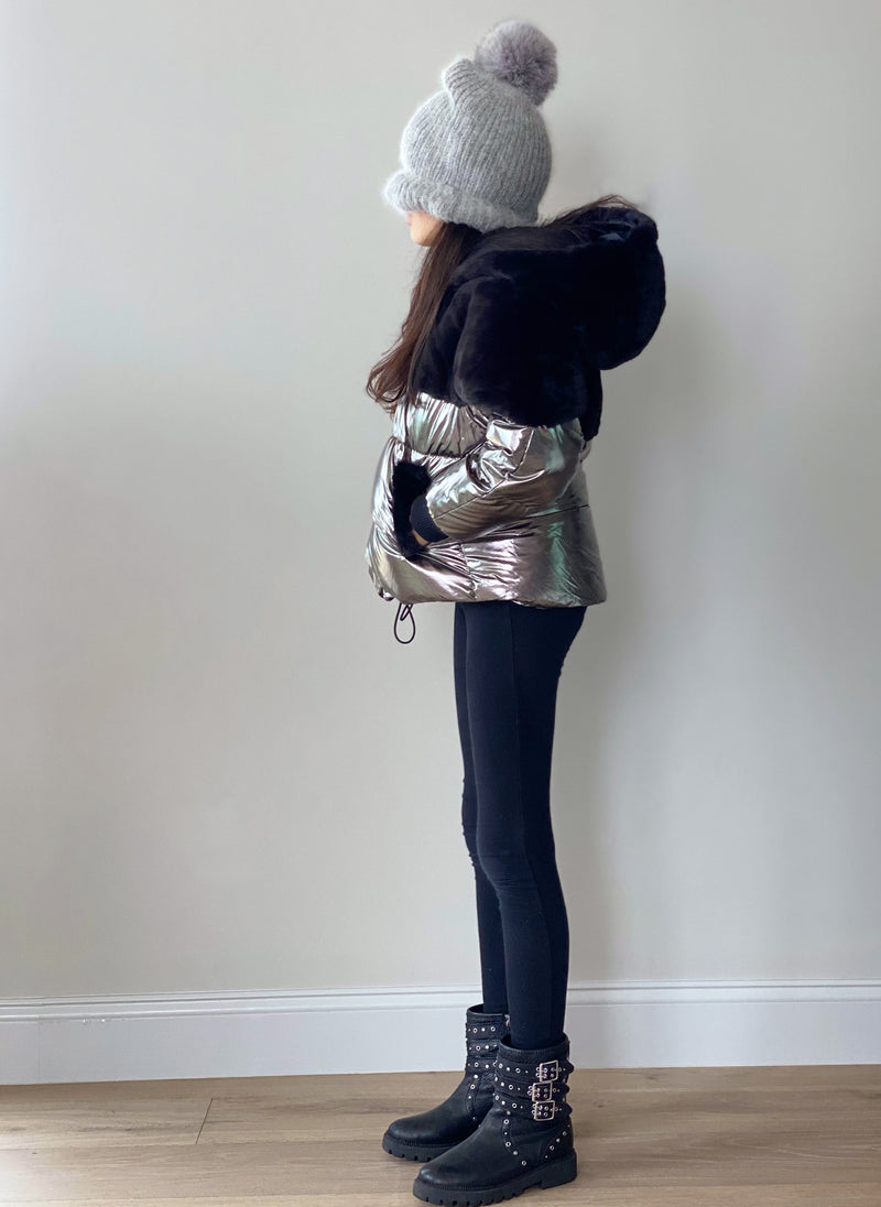 Vierra Rose Boa Faux Fur Top Jacket in Metallic Grey