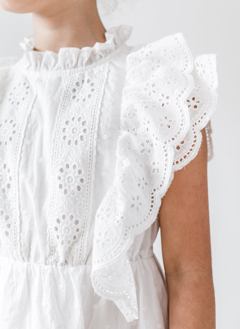 Petite Amalie Embroidered Ruffle Dress in White