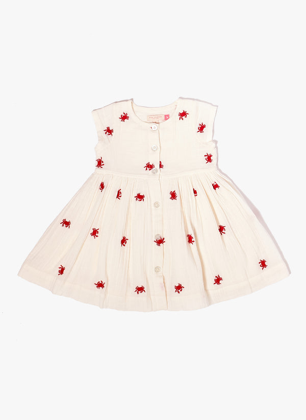 Pink Chicken Winnie Dress in Antique White with Crabs Embroidery