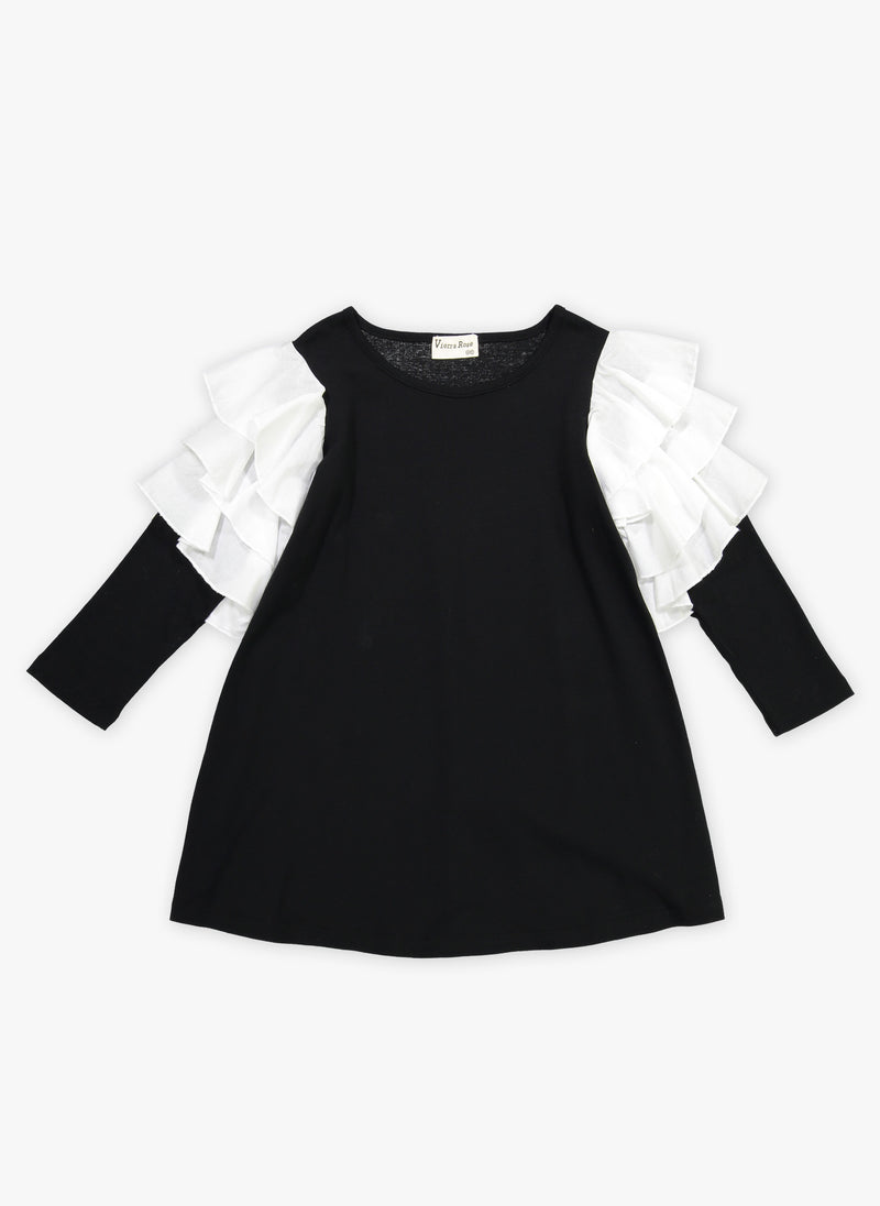 Vierra Rose Audrey Contrast Ruffle Sleeve Dress in Black/Ivory Ruffle