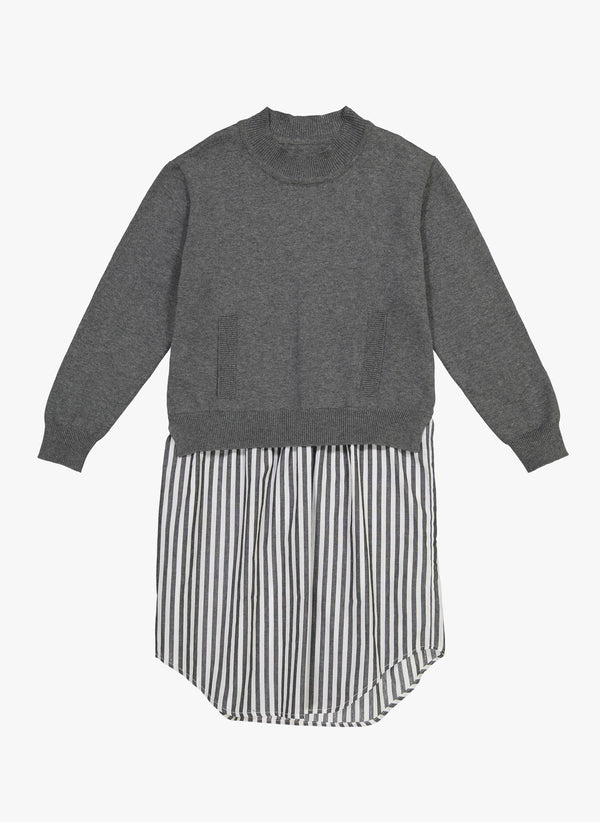 Vierra Rose Brigitte Sweater Woven Shirt Dress in Grey/ Stripe