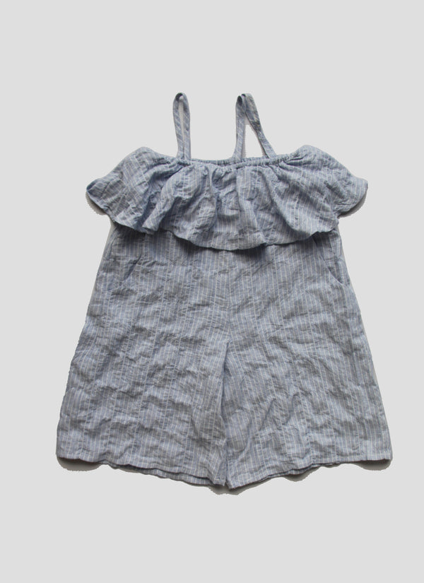 Vierra Rose Petra Ruffle Romper in Blue Pinstripe