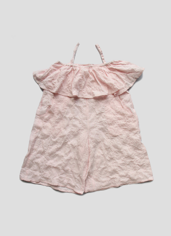 Vierra Rose Petra Ruffle Romper in Pink Pinstripe