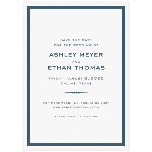 White card with thick navy blue line border. San serif fonts centered on the page. Decorative line flourish separating lines of type.