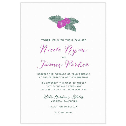 Purple and green orchid and leaf motif at the top of a white card. Block and script font centered on the page in the same colors.