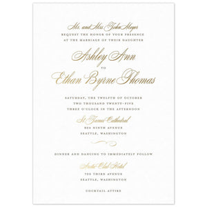 White paper invitation with pewter letterpress in block type with gold foil script and a flourish 