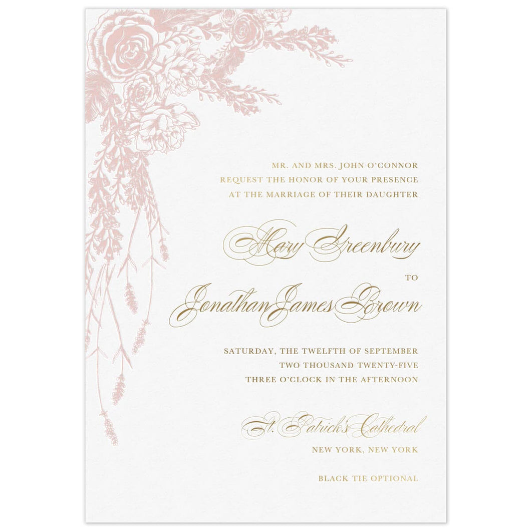 a white paper invitation with pink floral and botanical design on top left corner and gold script and block font