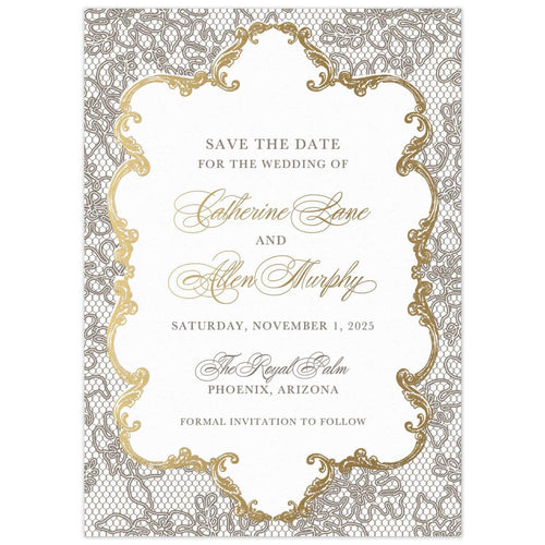 Lace pattern on the whole card, gold frame holding the block and script text. 