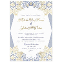 Load image into Gallery viewer, a white paper middle eastern invitation with blue and gold star designs on the corners and gold script with blue block font