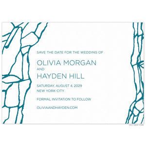 White Save the Date with teal marble pattern on the right and left sides. Teal left aligned type.