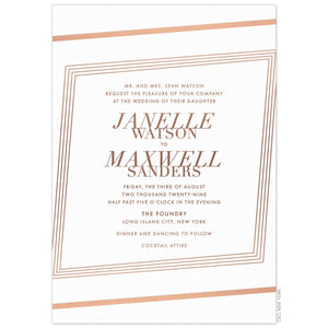 White invitation with lines on all four sides. Serif font and block font in the middle of the lines.