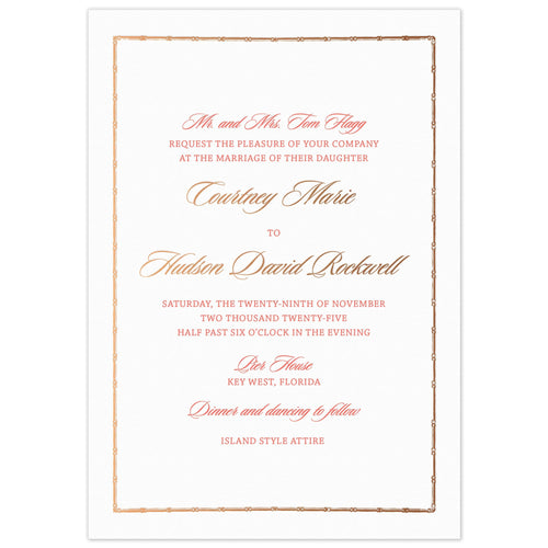 Bamboo border in copper foil, block and script font in coral and copper foil centered on the card.