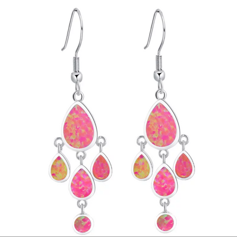 Pink Lab created opal stone multiple tear drop dangling design platinum finish hook drop earring