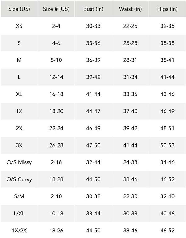 size chart for