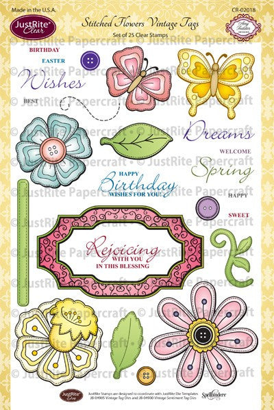 Stitched Flowers Vintage Tags Clear Stamps