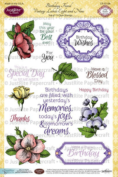 Birthday Floral Vintage Labels Eight and Nine Clear Stamps