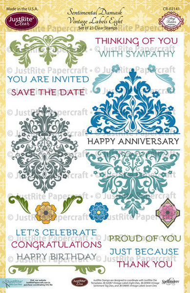 Sentimental Damask Vintage Labels Eight Clear Stamps