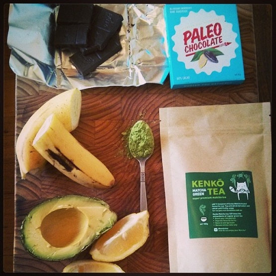 Green tea and avocado mousse ingredients with paleo chocolate