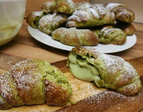 Creamy matcha custard filled in matcha croissant add the extra matcha flavor to satisfy your matcha craving