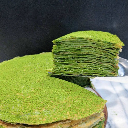 Super thin & soft matcha green tea crepes layered with rich cream creates the great dessert for any occasions