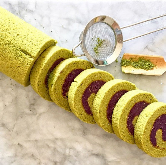 Purple Sweet Potato Filled Matcha Green Tea Swiss Roll is the delightful and beautiful combination of flavors