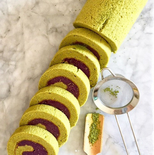 Spongy & moist matcha green tea swiss roll filled with purple sweet potato filling