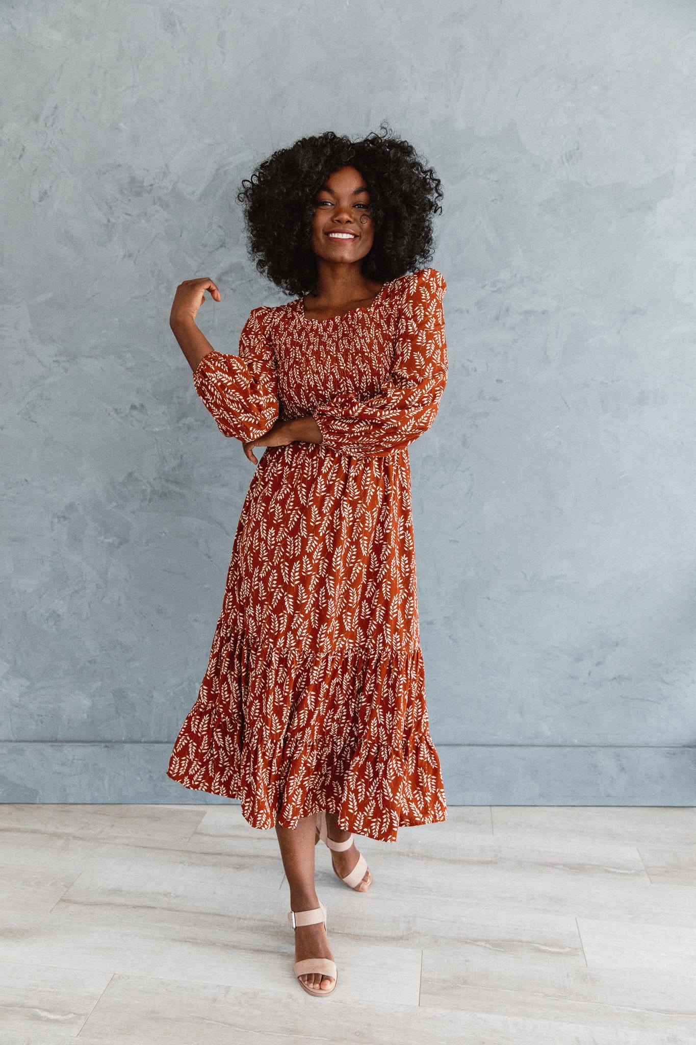 The Serefine Smocked Dress in Caramel