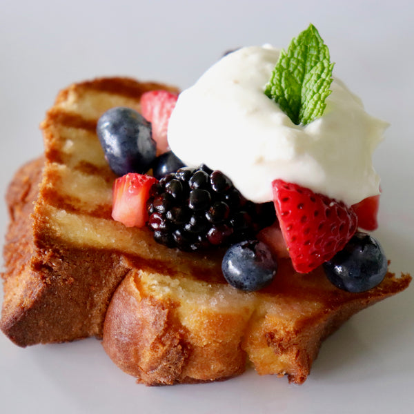grilled poundcake-mixed berries-fresh whipped cream