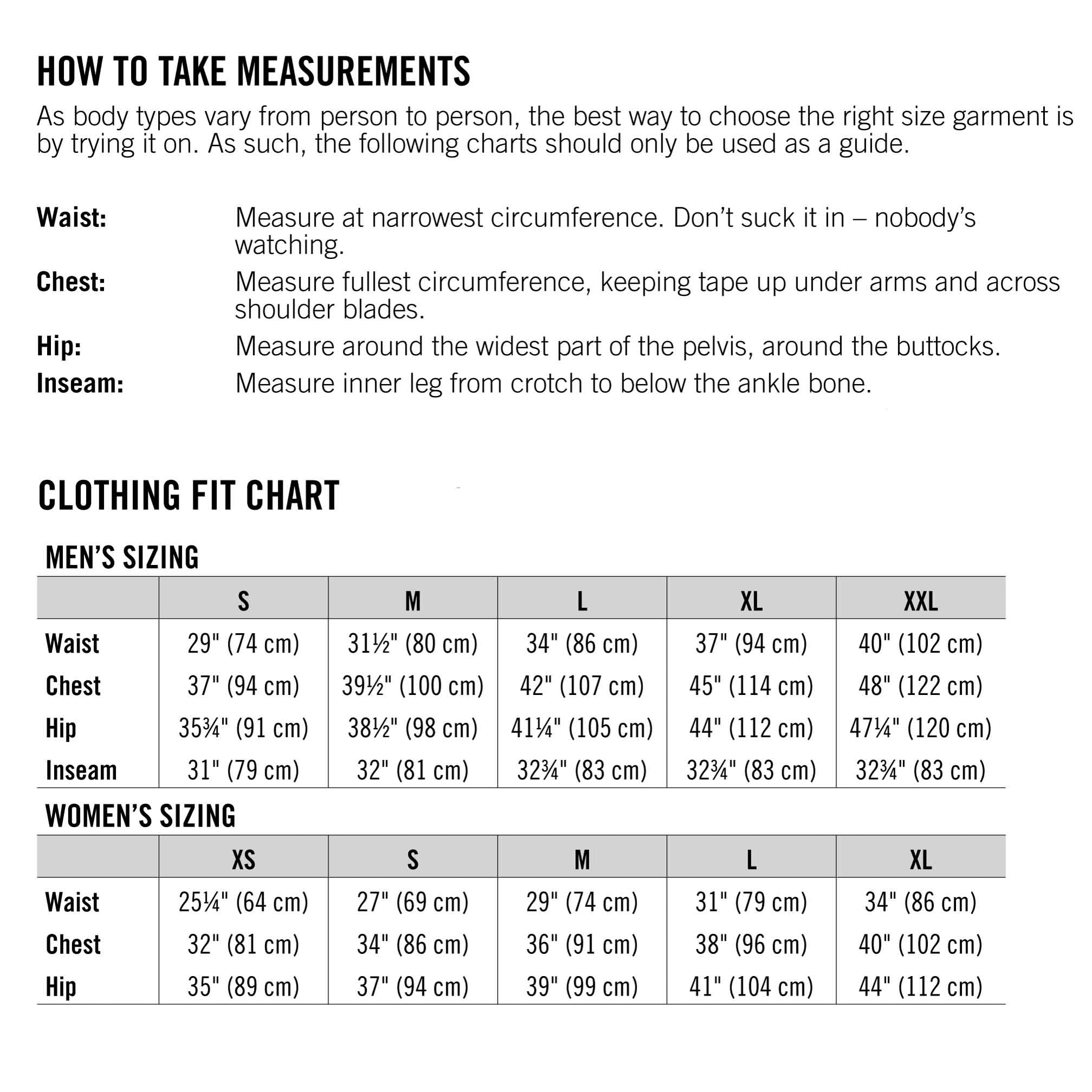 Voir Voir Clothing Size Chart