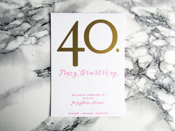 Letterpress birthday invitation in gold and hot pink with edge painting by inviting in Austin Texas
