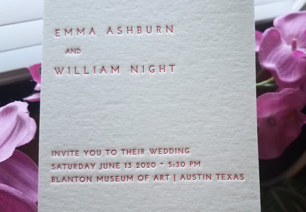 Letterpress wedding invitation with red ink on 314C Wild paper by inviting in Austin Texas.