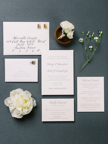 Letterpress Wedding Invitation Suite with french blue ink on pearl cotton cards, in Austin Texas.