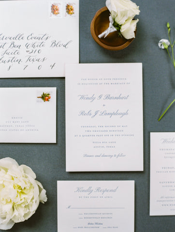 Letterpress Wedding Invitation Suite with dusty blue ink on pearl cotton cards, in Austin Texas.
