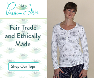 Passion Lilie tops are fair trade and ethically made, like this white, long-sleeved, half-buttoned shirt with black polka dots.
