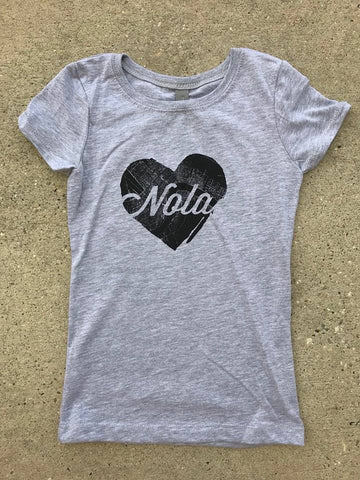This NOLA for Life T-Shirt from Fleurty Girl is heather gray with a black heart and "Nola" written on it in gray cursive.