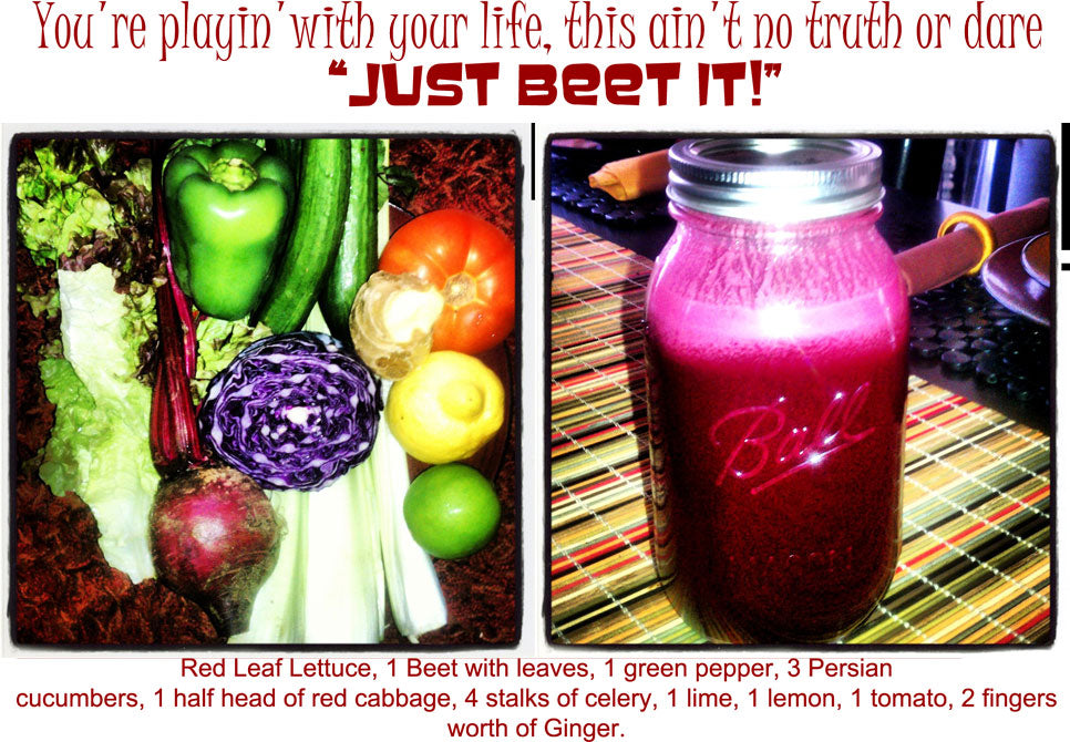 EverydayJuicer.com Recipe - Red Leaf Lettuce, 1 Beet with leaves, 1 green pepper, 3 Persian cucumbers, 1 half head of red cabbage, 4 stalks of celery, 1 lime, 1 lemon, 1 tomato, 2 fingers worth of Ginger.