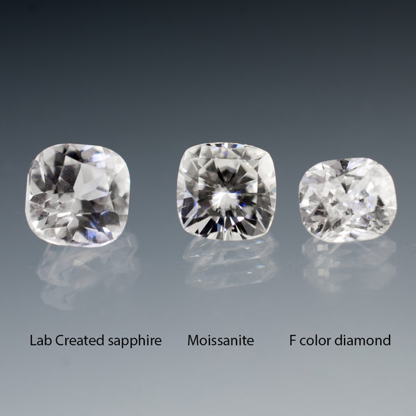 cushion white sapphire vs moissanite vs diamond