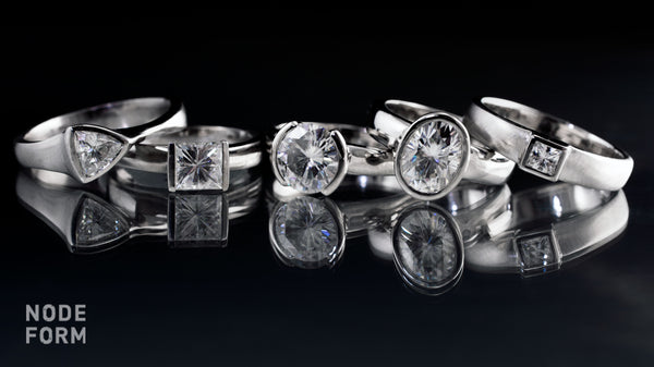 moissanite rings with various shapes of moissanites