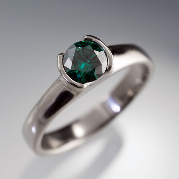 Green Moissanite Half Bezel Solitaire Engagement Ring