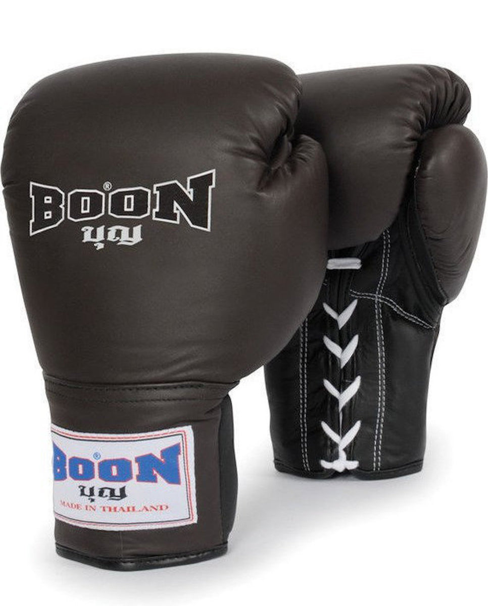 BOON BOXING GLOVES LACE UP ALL BLACK  8,10,12,14,16 OZ MUAY THAI MMA K1 