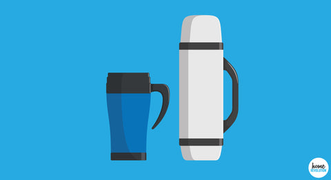 2 illustrated, reusable, travel coffee mugs stand next to each other
