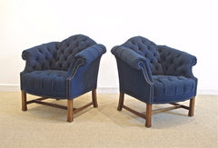 Button Tufted Club Chairs in Navy Canvas Twill.