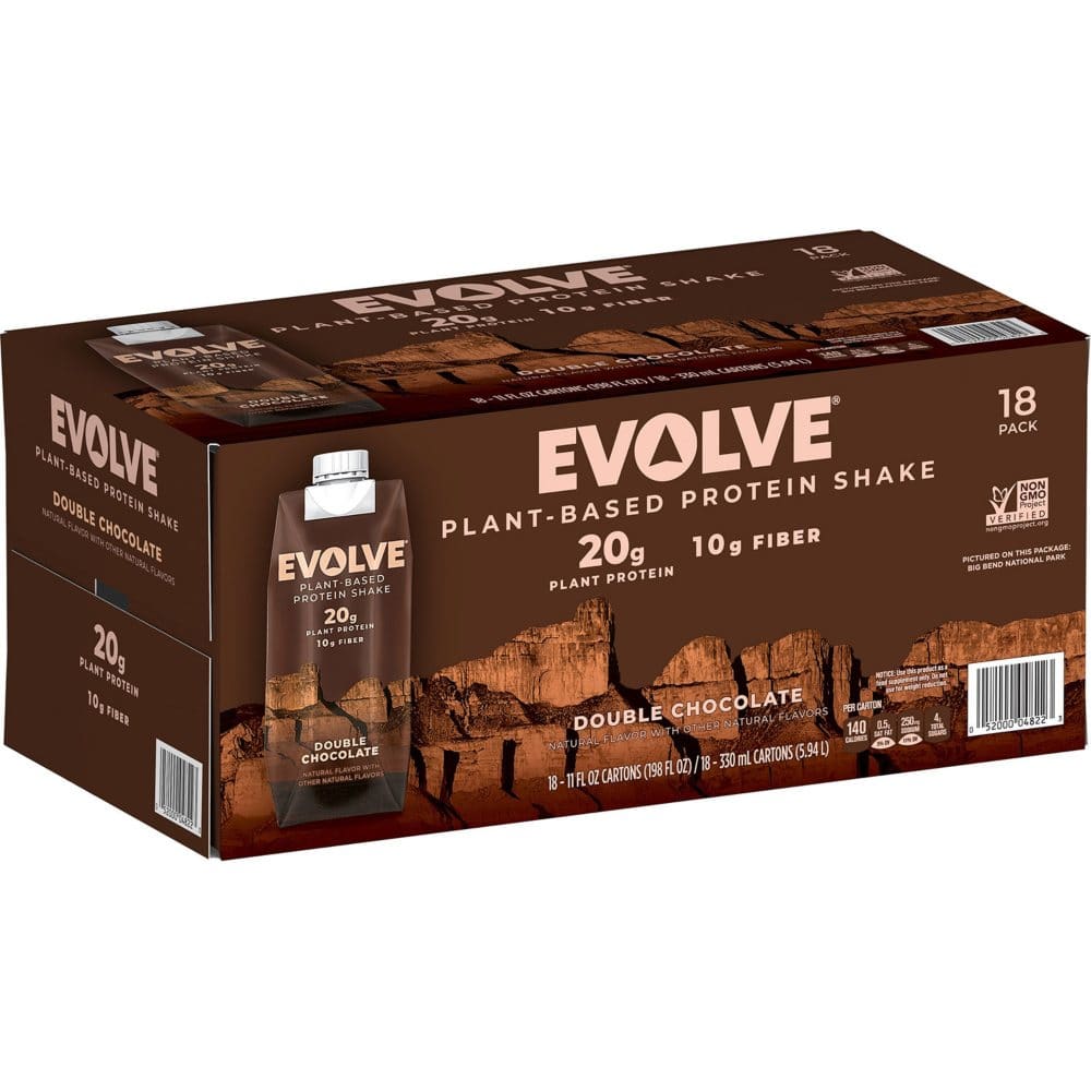 Evolve Plant Based Protein Shake Double Chocolate 11 Fl Oz 18 Pk Shelhealth