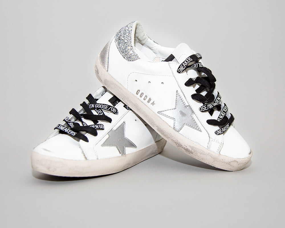 golden goose white and silver superstar sneakers