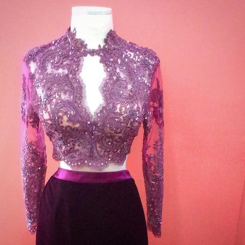 custom prom dress design dressmaker houston purple lace mermaid two piece crop top sleeves